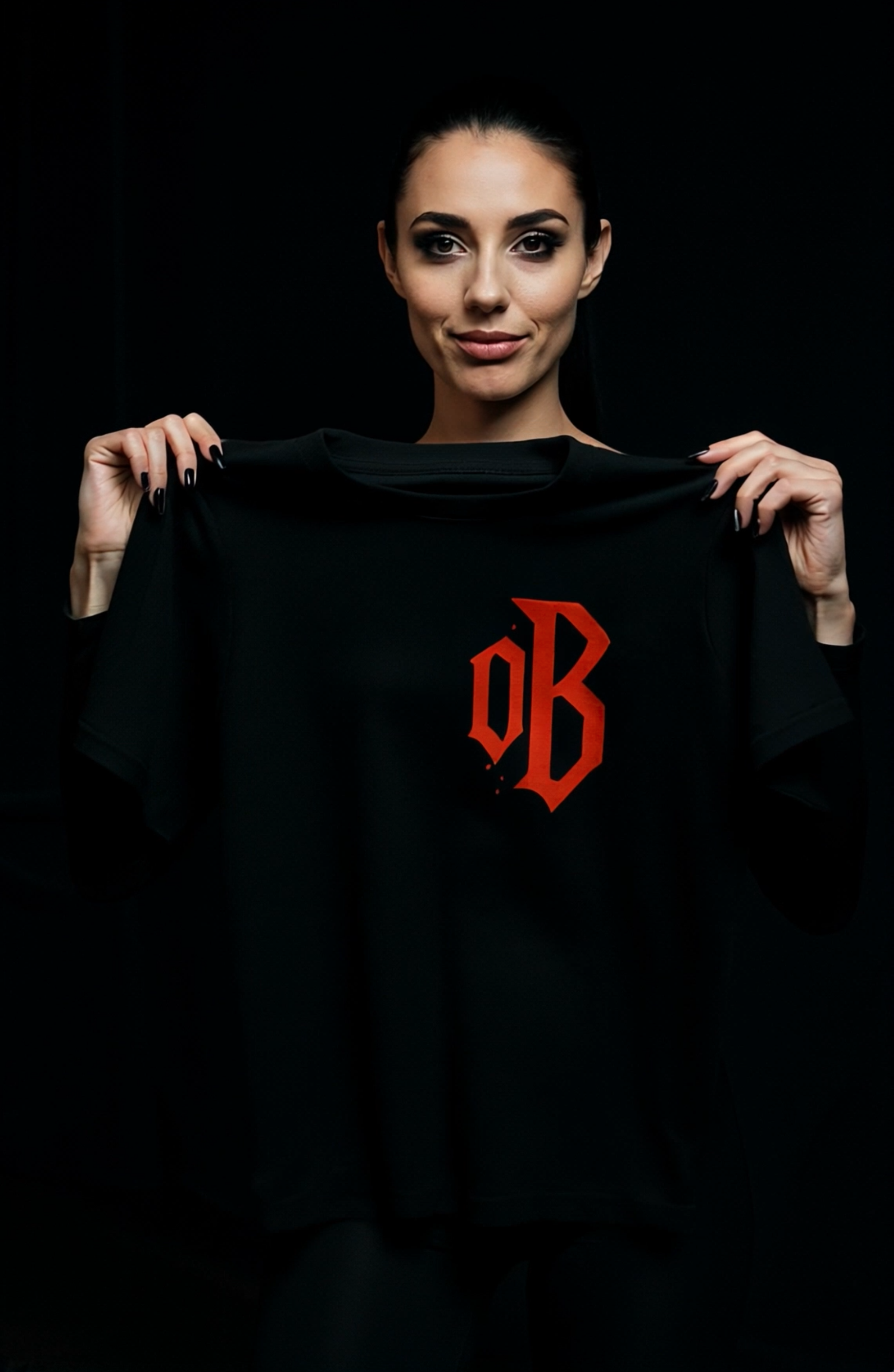 Female vampire holding t shirt